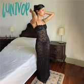 Lunivop Hollow Out Transparent Lace Maxi Dress Split Summer Sexy Backless Club Party Sleeveless